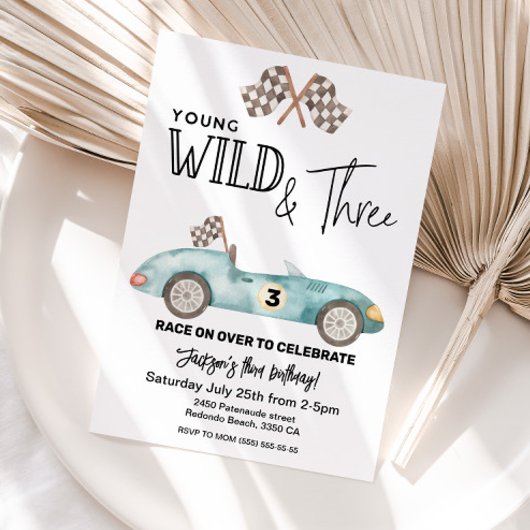 Young Wild and THREE Blue Race car 3rd birthday 招待状