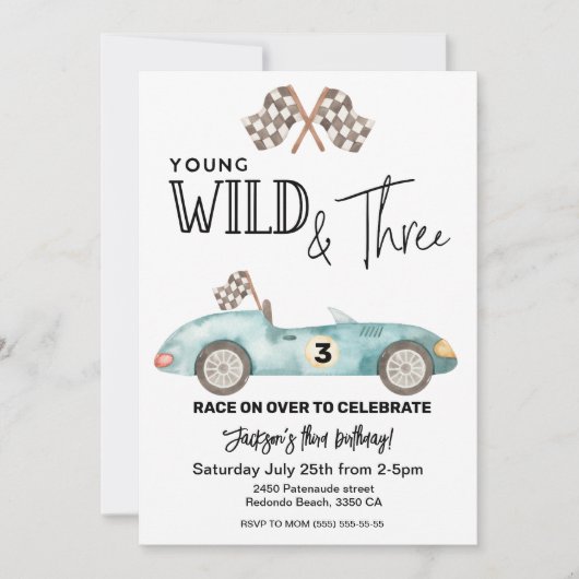 Young Wild and THREE Blue Race car 3rd birthday 招待状 (正面)