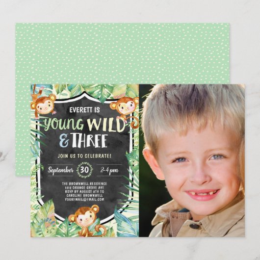 Young Wild and Three Jungle Birthday Party写真 招待状 (正面/裏面)