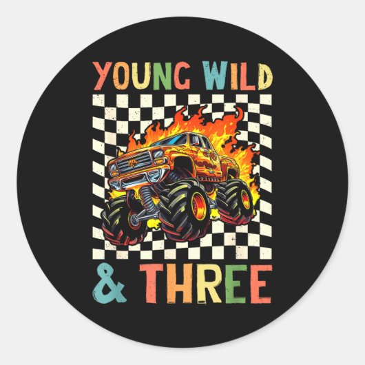 Young Wild And Three Monster Truck 3rd Birthday 3y ラウンドシール (正面)
