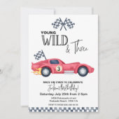 YOUNG Wild and Three Red Race Car Birthday  招待状 (正面)