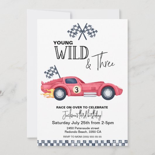 YOUNG Wild and Three Red Race Car Birthday 招待状 (正面)