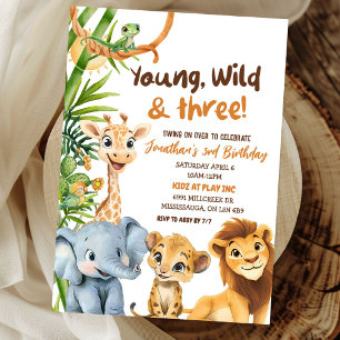 Young Wild and Three Zoo Safari Boy第3誕生日 招待状
