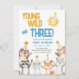 Young Wild Forest Animals Party Hats 3rd Birthday 招待状