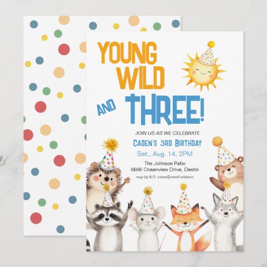 Young Wild Forest Animals Party Hats 3rd Birthday 招待状 (正面/裏面)