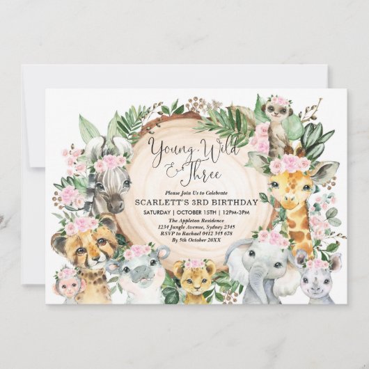 Young Wild & Threeフローラガールジャングル第3誕生日 招待状 (正面)