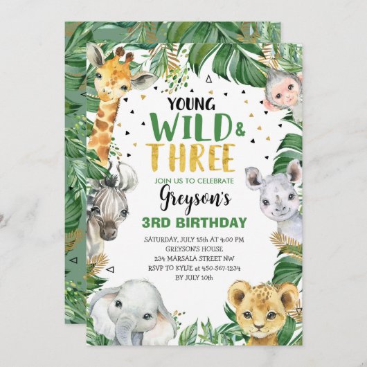 Young Wild & Threeフローラボーイジャングルの誕生日3 招待状 (正面/裏面)