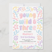 Young Wild & Three クラッカー風バルーン 3歳の誕生日 招待状 (正面)