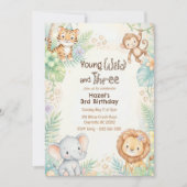 Young Wild & Three ジャングルサファリ動物の誕生日 招待状 (正面)