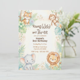 Young Wild & Three ジャングルサファリ動物の誕生日 招待状