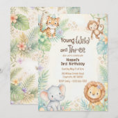 Young Wild & Three ジャングルサファリ動物の誕生日 招待状 (正面/裏面)