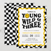 Young Wild & Three | ハッピーな顔の男の子 3歳の誕生日 招待状 (正面/裏面)