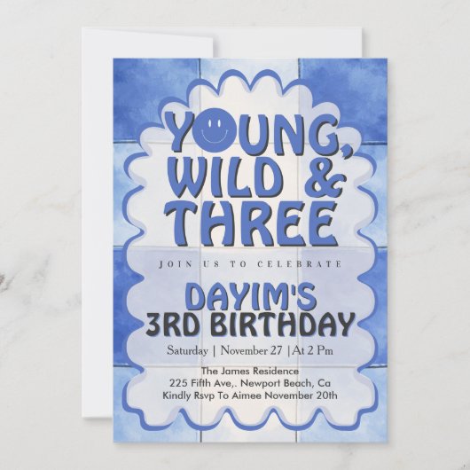 Young Wild & Three ブルー レトロな男の子 3歳の誕生日 招待状 (正面)