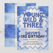 Young Wild & Three ブルー レトロな男の子 3歳の誕生日 招待状 (正面/裏面)