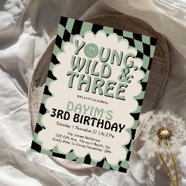 Young Wild & Three レトロな3歳の誕生日パーティー 招待状