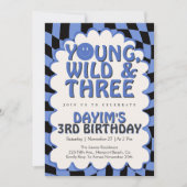 Young Wild & Three レトロブルーボーイ 3歳の誕生日 招待状 (正面)
