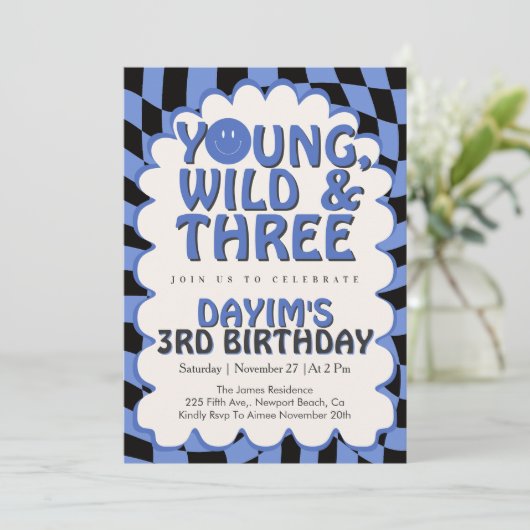 Young Wild & Three レトロブルーボーイ 3歳の誕生日 招待状 (スタンド正面)