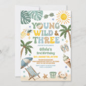Young Wild & Three 夏のビーチ 3歳の誕生日 招待状 (正面)