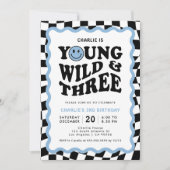 Young Wild & Three | 青い顔の男の子 3歳の誕生日 招待状 (正面)