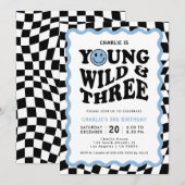 Young Wild & Three | 青い顔の男の子 3歳の誕生日 招待状 (正面/裏面)