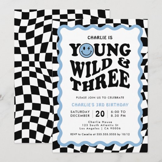 Young Wild & Three | Blue Face Boy 3rd Birthday 招待状 (正面/裏面)