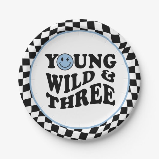 Young Wild & Three | Blue Happy Smile 3rd Birthday ペーパープレート (正面)
