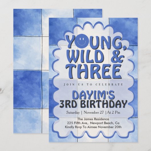 Young Wild & Three Blue Retro Boy 3rd Birthday 招待状 (正面/裏面)