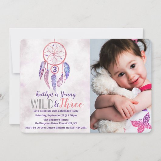 Young, Wild & Three Bohoフォト誕生日招待状 招待状 (正面)