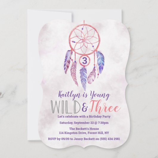Young, Wild & Three Boho誕生日招待状 招待状 (正面)