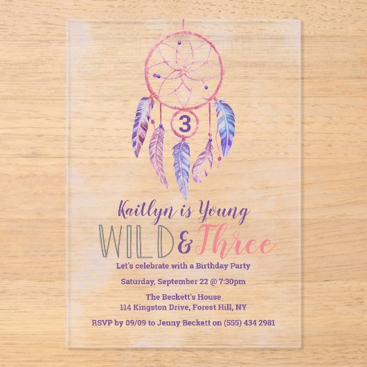 Young, Wild & Three Boho 3歳の誕生日 アクリル招待状 (正面)