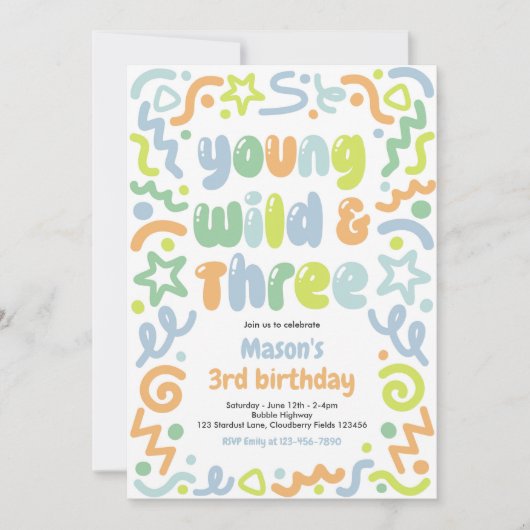 Young Wild & Three Confetti Balloon 3rd Birthday 招待状 (正面)