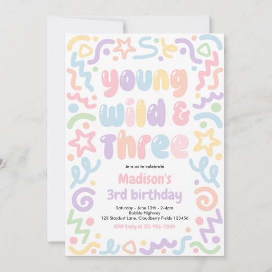 Young Wild & Three Confetti Balloon 3rd Birthday  招待状 (正面)