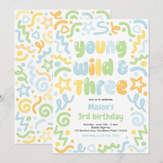Young Wild & Three Confetti Balloon 3rd Birthday  招待状 (正面/裏面)