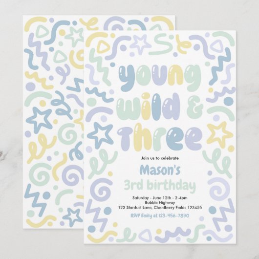 Young Wild & Three Confetti Balloon 3rd Birthday  招待状 (正面/裏面)