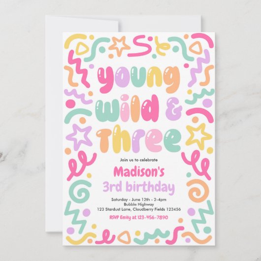 Young Wild & Three Confetti Balloon 3rd Birthday  招待状 (正面)