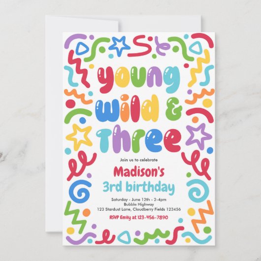 Young Wild & Three Confetti Balloon 3rd Birthday  招待状 (正面)