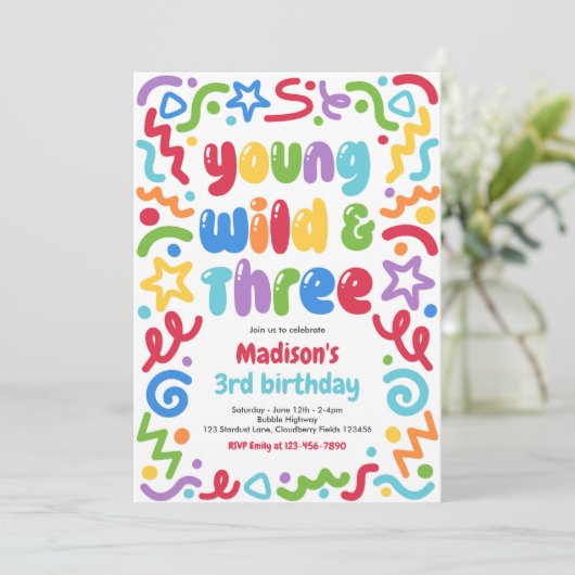 Young Wild & Three Confetti Balloon 3rd Birthday 招待状 (スタンド正面)
