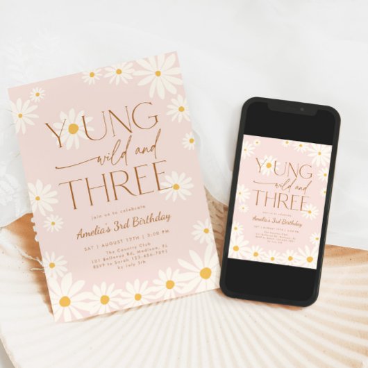 Young Wild Three Daisy Floral 3rd Birthday 招待状