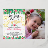 Young Wild & Three Dinosale Girls 3歳の誕生日 箔招待状 (正面)