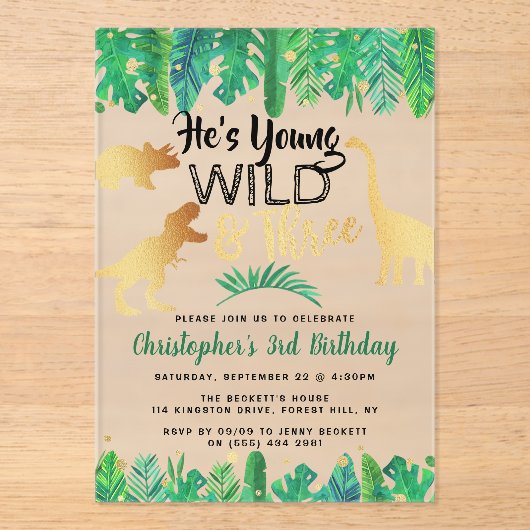 Young Wild & Three Dinosaur Boys 3rd Birthday アクリル招待状 (正面)