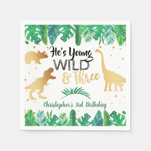 Young Wild & Three Dinosaur Boys 3rd Birthday スタンダードカクテルナプキン (正面)