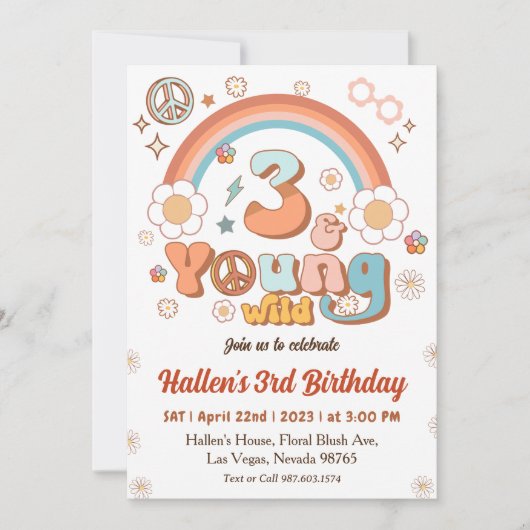 Young Wild & Three Groovy Rainbow 3rd Birthday 招待状 (正面)