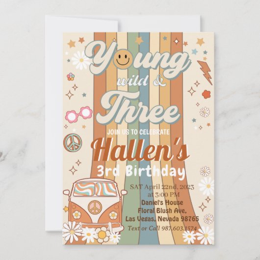 Young Wild & Three Groovy Rainbow 3rd Birthday 招待状 (正面)