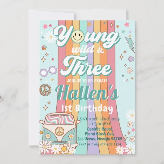 Young Wild & Three Groovy Rainbow 3rd Birthday 招待状 (正面)