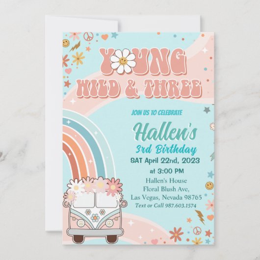 Young Wild & Three Groovy Rainbow 3rd Birthday 招待状 (正面)