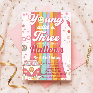 Young Wild & Three Groovy Rainbow 3rd Birthday 招待状