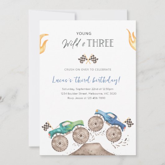 Young, Wild & Three Monster Truck 3rd Birthday 招待状 (正面)