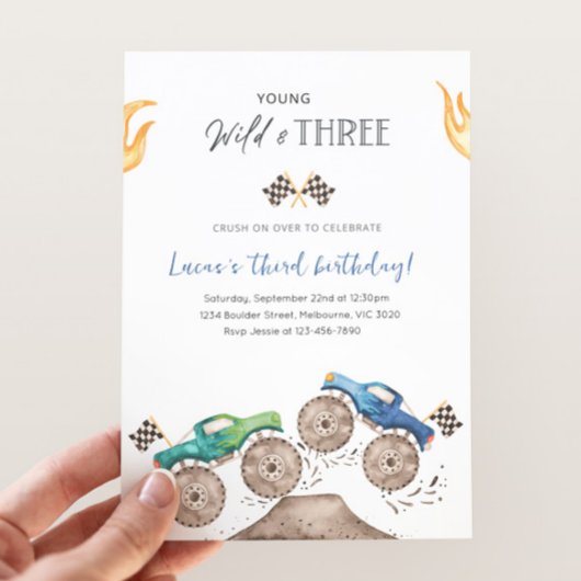 Young, Wild & Three Monster Truck 3rd Birthday 招待状