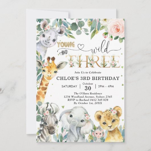 Young Wild & Three Party Animals Girl 3rd Birthday 招待状 (正面)
