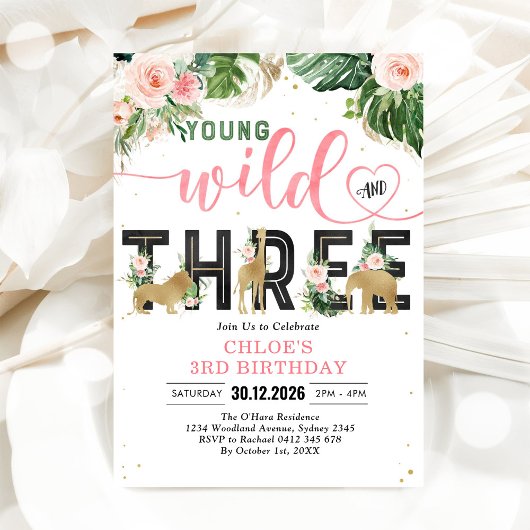 Young Wild & Three Party Animals Girl 3rd Birthday 招待状